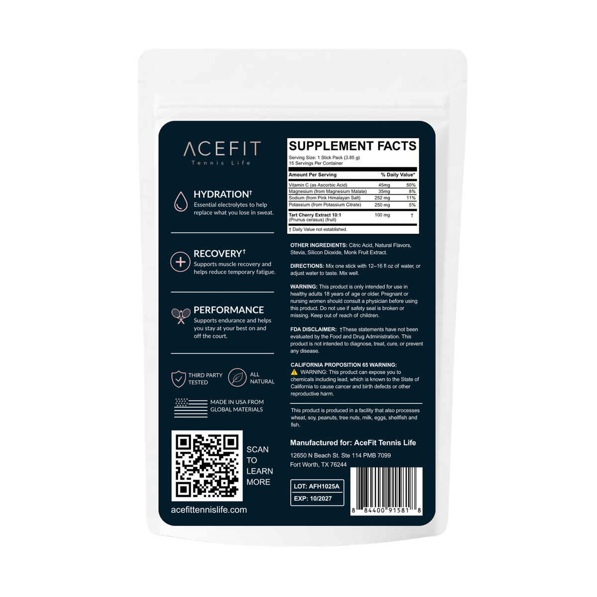AceFit Hydrate™ | Zero Sugar Hydration + Recovery Electrolytes for Tennis